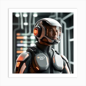 The Image Depicts A Alpha Male In A Stronger Futuristic Suit With A Digital Music Streaming Display 4 Art Print