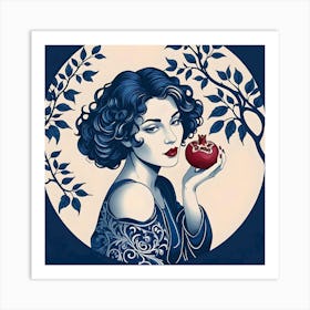 Woman With Pomegranate, Blue, Maroon and Light Beige Art Print