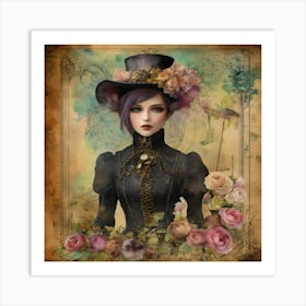 Steampunk Girl With Roses Art Print