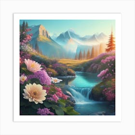 Mountain Stream With Flowers Art Print