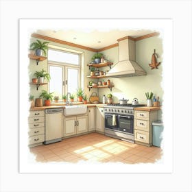 Elegant Kitchen Scene In Watercolor, Bright And Warm 1 Art Print