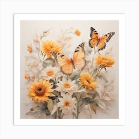 Radiant Sunflowers with Butterflies of Attacus atlas Art Print