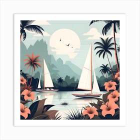 Tropical Landscape With Sailboats Art Print