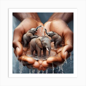 Elephants In Water 3 Art Print