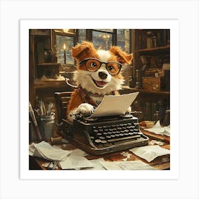 Funny Dog Writer Vintage Art Background Art Print