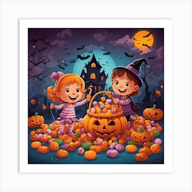 Halloween Children With Pumpkins 1 Art Print