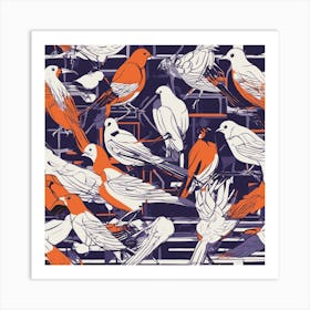 Drew Illustration Of Bird On Chair In Bright Colors, Vector Ilustracije, In The Style Of Dark Navy A Art Print