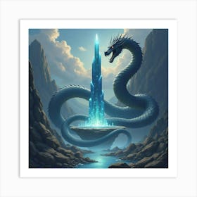 Giant Serpent Coiled Around A Floating Crystal Tower Art Print