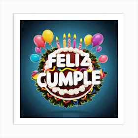 Feliz cumple and Feliz cumpleaños sign means Happy Birthday in Spanish language, Birthday party celebration gift with birthday cake candle colorful balloons best congratulation over light background wall artFeliz Cumple 40 Art Print