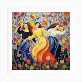 Three Women In Flowers Art Print