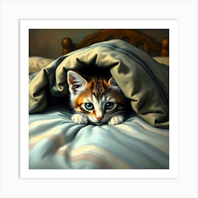 Kitten Peeking Out From Under The Blanket Art Print