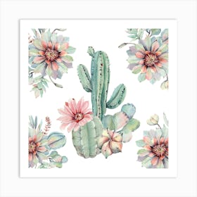 Watercolor Cactus Pattern Floral Boho Painting Art Print