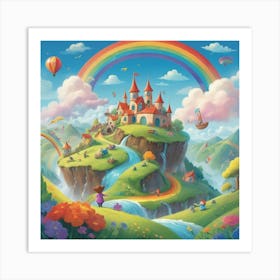 A playful and colorful children’s illustration of a fantasy world with cute characters, rolling hills, fluffy clouds, and a rainbow-filled sky. The scene is joyful and imaginative, full of fun details 3 Art Print