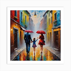 Family With Umbrellas Art Print