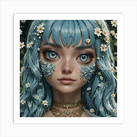 Girl With Blue Hair And Flowers Art Print