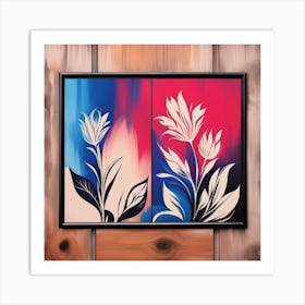 Blue flower painting and black and white background with antique style wood design, Art Print