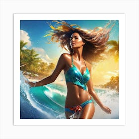 Beautiful Woman In Bikini Surfing Art Print