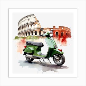 Green Vespa In Front Of The Coliseum Art Print