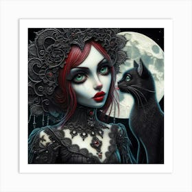 Gothic Girl With Cat 2 Art Print