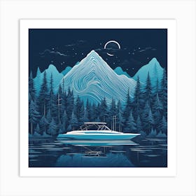 Boat On The Lake At Night Art Print