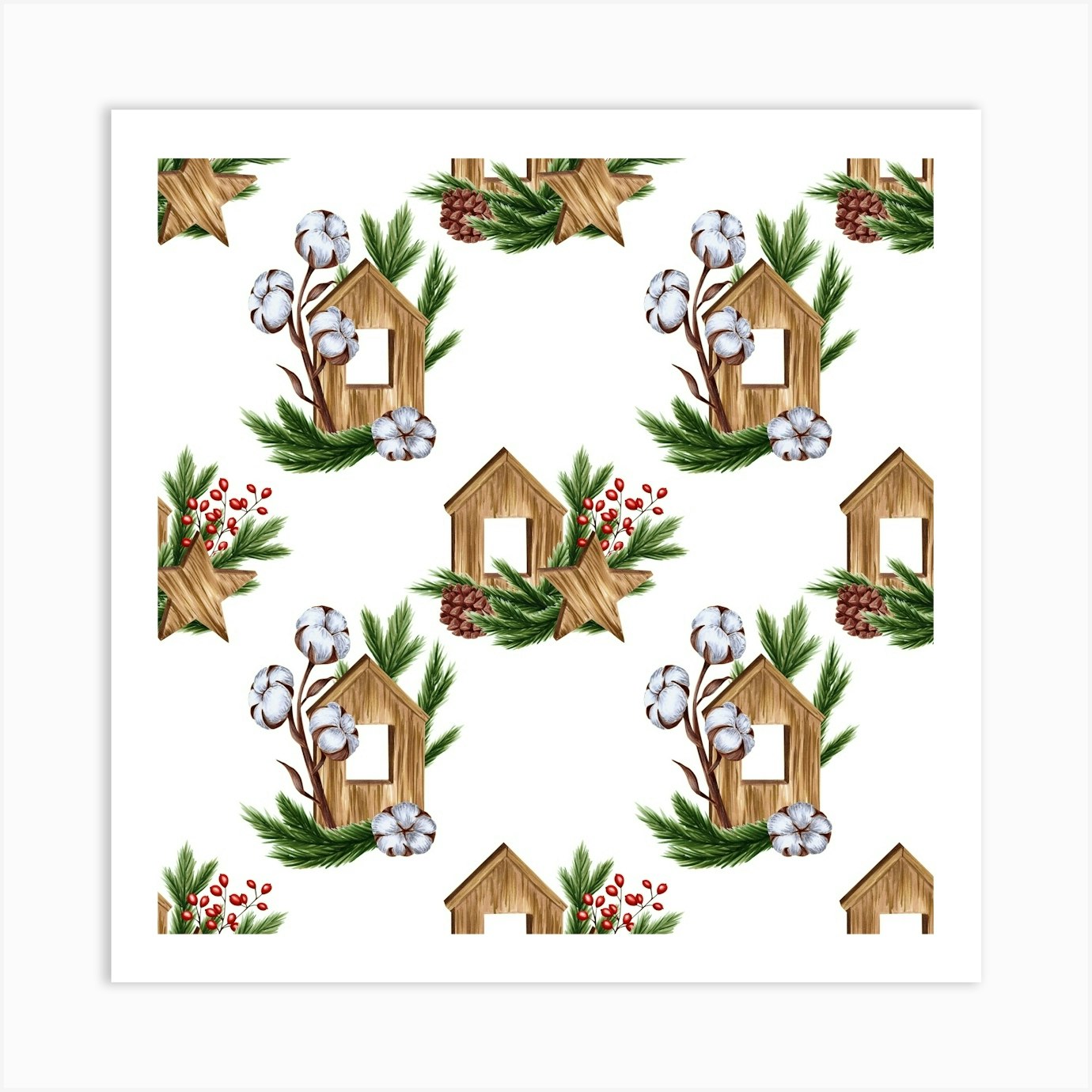Seamless Pattern from Christmas Wooden Decorations and Fir Branches Art Print by SmetArt