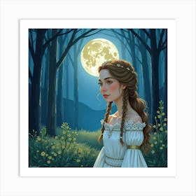 Watercolor Portrait Of Young Queen In A Serene, Moonlit Forest Art Print