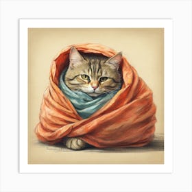 Cat Wrapped In Blanket Art Print