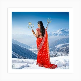 Backward View Of A Married Woman In A Vibrant Traditional Sari Embodying The Goddess Durga With Her Art Print