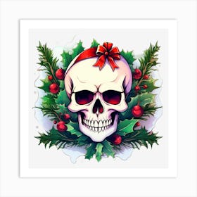 Skull With Holly Art Print