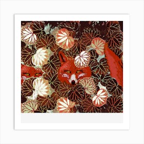 Red Foxes Among Brown White Leaves And Foliage Art Print