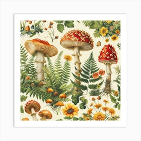 Mushrooms And Ferns Art Print