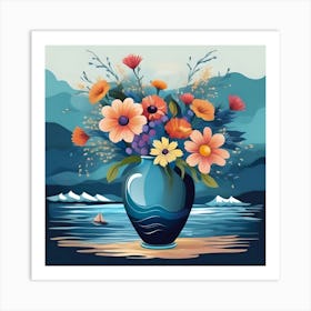 Vase With Flowers Decorated With Seascape, Blue, Yellow And Orange Art Print