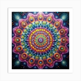 A vibrant diamond painting of a complex Mandala, with a mesmerizing interplay of light and shadow between the different colored diamonds 3 Art Print