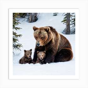 Alaskan Brown Bear Mother Cradling Her Resting Cubs During A Serene Winter Day In The Alpine Forest Art Print