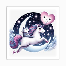 Valentine's Day Lovely Cat Riding a Unicorn 15 Art Print