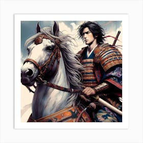 Young Samurai Warrior On His Horse Color Drawing 1 Art Print