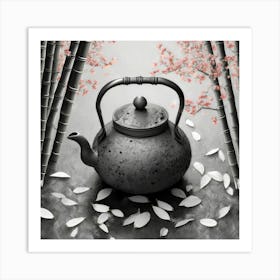 Firefly A Minimalistic Modern Rustic Beautiful Japanese Cast Iron Teapot, Illustration, A Few Sakura (1) Art Print