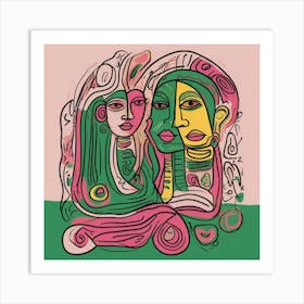 Two Women In Pink And Green Art Print