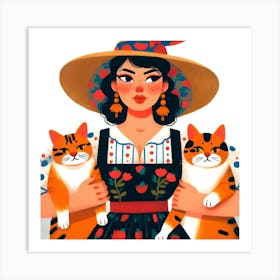 Russian Girl With Cats Art Print