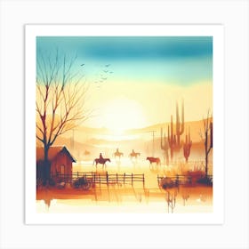 Watercolor Cowboys In The Countryside Art Print