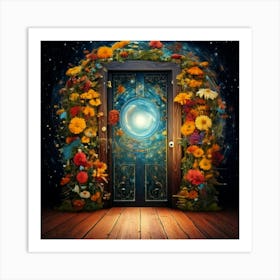 Firefly Door, Wooden, Galaxy, Spiral, Cosmos, Space, Universe, Floral, Wallpaper, Yellow, Blue, Red, (9) Art Print