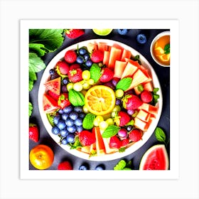 Assorted fruit platter with ripe, juicy strawberries, sweet grapes, tangy citrus, and juicy watermelon, set on a bed of greens and accented with mint leaves, high resolution, vibrant, natural Art Print