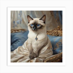A Siamese cat gracefully seated on a cushion, optimistic painting Art Print