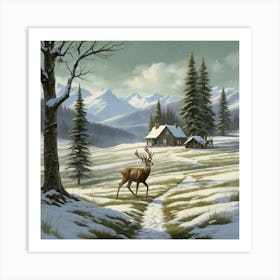 Deer In The Snow 32 Art Print