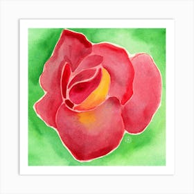 Rose On Green - square red green floral flower Art Print