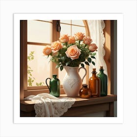 Roses On The Window Sill 1 Art Print