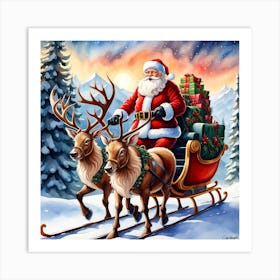 Santa Claus And Reindeer Art Print