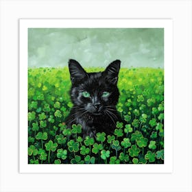 Black Cat In Shamrock Field Art Print