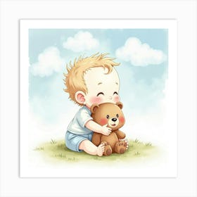 Watercolor Baby Holding A Toy Bear Under A Sky Of Soft Clouds Art Print