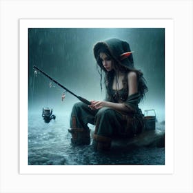 Elf Girl Fishing In The Rain Art Print